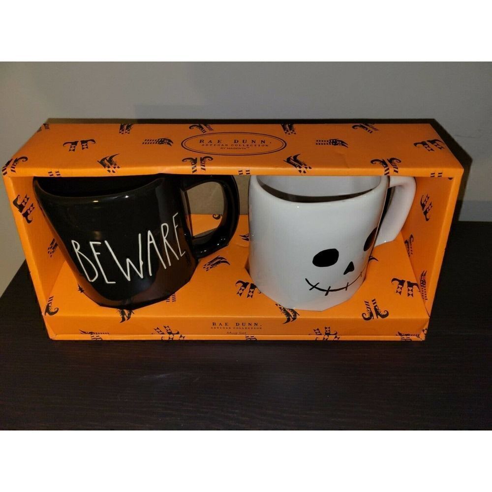 Rae Dunn Halloween Beware Mug White Jack Skeleton Pumpkin Face SET OF 2
